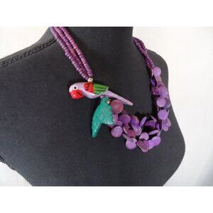 Parrot Necklace Purple Layered Beaded Necklace Featuring Parrot